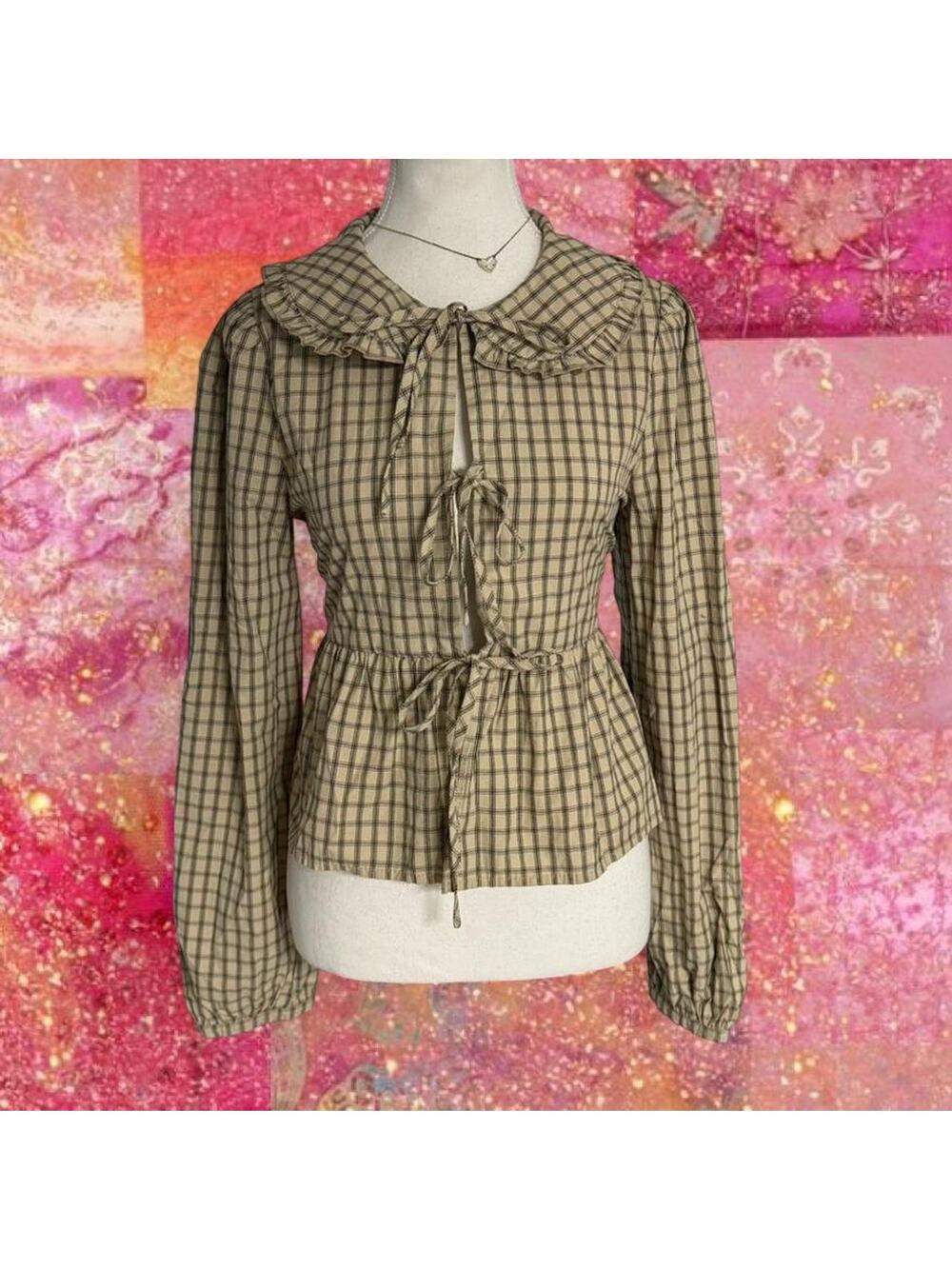 Bailey Rose brown plaid blouse with tie front and ruffle collar. Size M